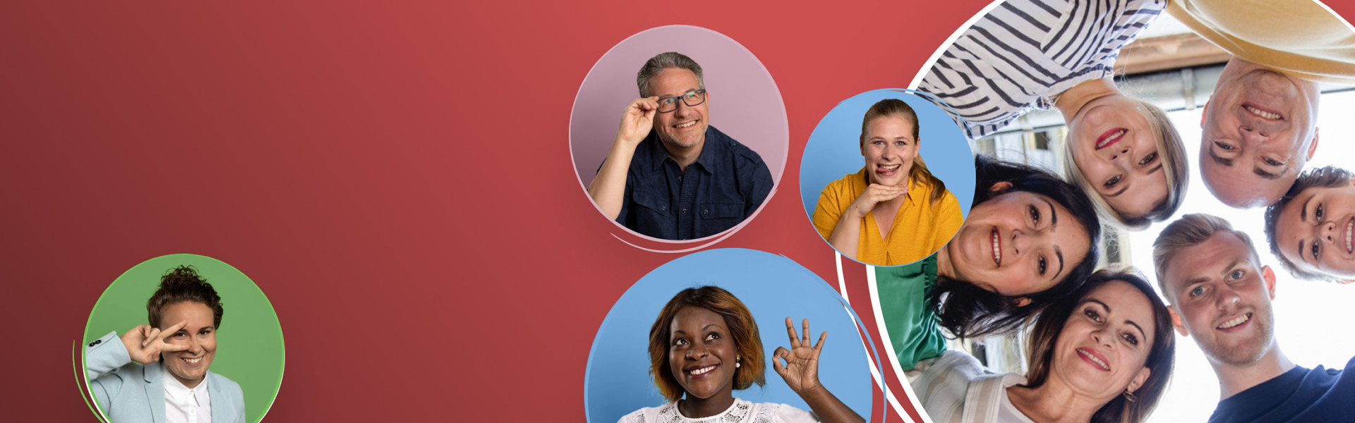 Collage mit mehreren Menschen in runden Kreisen auf rotem Hintergrund.