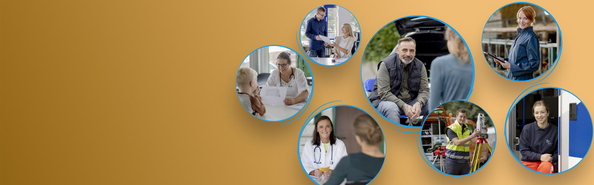 Collage von Menschen in bunten Kreisen, die unterschiedliche Posen zeigen, auf gelbem Hintergrund.