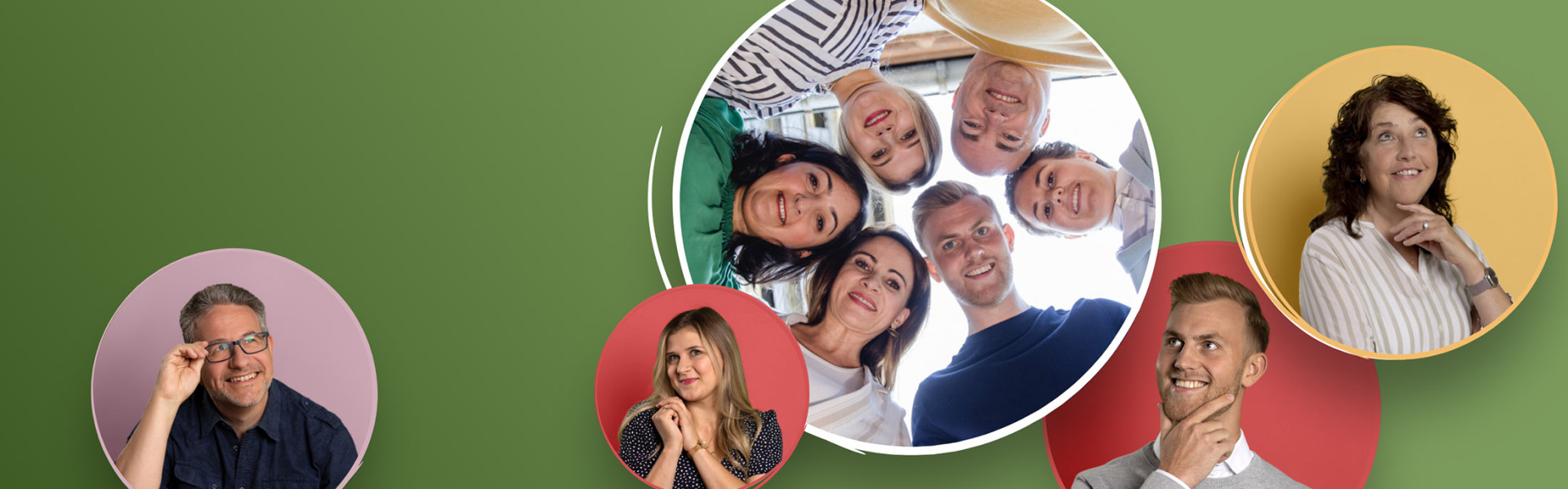 Collage von Menschen in bunten Kreisen, die unterschiedliche Posen zeigen, auf grünem Hintergrund.